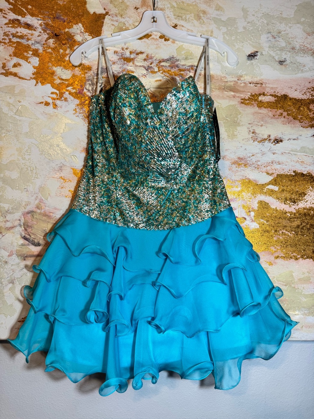 Sherri Hill Teal Sequin Bodice Ruffle bottom Dress